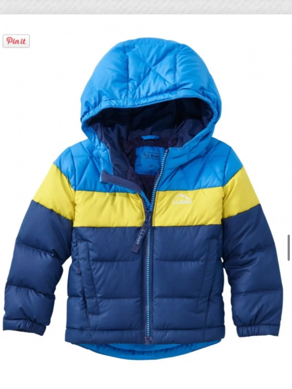 L.L.Bean Toddler Down Puffer Jacket | 2T | Blue/Yellow | Hooded Full Zip